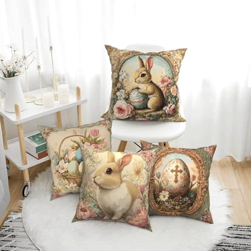 Easter Bunny Egg Vintage Throw Pillow Covers Set of 4 Decorative Soft Double Sided Print Pillow Case Farmhouse Home Decor for Living Room Sofa Couch 18x18