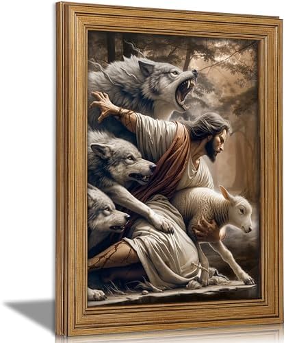 Vintage Gold Framed Jesus and Lamb Wall Art Jesus Saves the Lost Sheep Christian Canvas Prints Shepherd Protect a Lamb from Wolves Picture Religious Painting Poster Artwork for Living Room Church