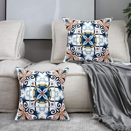 Alysheer Boho Embroidered Throw Pillow Cover 18x18 Set of 2, Orange Floral