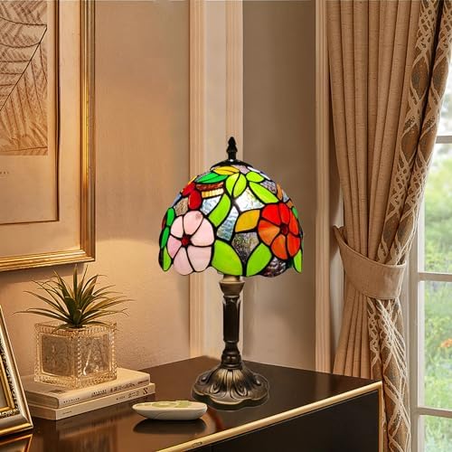 Tiffany Table Lamp,8X8X15Inch Small Antique Rose and Grape Pattern Stained Glass 3 Color Temperatures Bedside Nightstand Table Lamps for Bedroom Living Room Home Office+LED Bulb