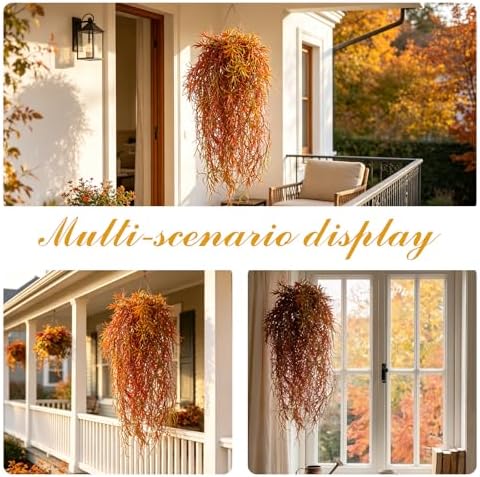 dallisten 4Pcs Autumn Fake Hanging Fern Plants for Outdoors, UV Resistant Artificial Ferns Fall Vines Faux Trailing Plants for Indoor Wall Porch Home Thanksgiving Halloween Decor(4PCS Orange Ferns)