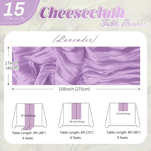 15 Pack Lavender Cheesecloth Table Runner 17 x 108 inch Cheese Cloth Table Runners 9ft Lavender Table Runner Rustic Romantic Sheer Gauze Runner for Wedding Party Baby Shower Table Decoration