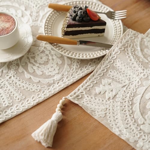 Embroidered Dresser Runner Lace Boho Scarf, Beige 14"x56"