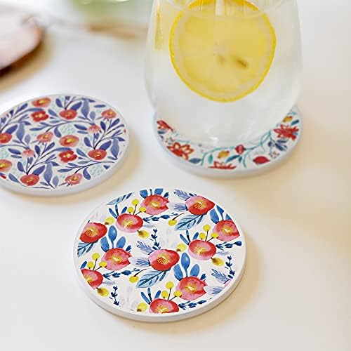 AD Set of 6 Coasters for Drinks Absorbing Round Ceramic Stone Coaster with Cork Base Tabletop Protection Mat for Mugs and Cups,Office,Kitchen (Watercolor Flowers with Rose Gold Holder)