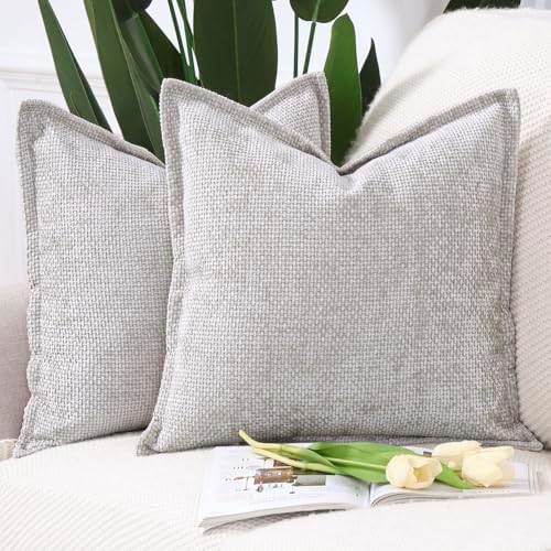 MADIZZ Decorative Chenille Velvet Throw Pillow Covers Set of 2 Soft Boho Textured Neutral Couch Throw Pillow for Bed Modern Farmhouse Home Decor for Sofa Livingroom Oatmeal 16x16 Inch