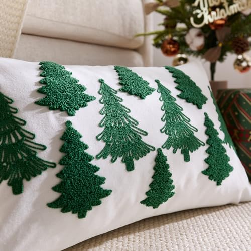 White Christmas Pillow Covers 12x20 Inch Embroidery Green Xmas Trees Decorative Lumbar Throw Pillow Cover Winter Holiday Pillow Case Cushion Cases for Sofa Couch Living Room Decorations