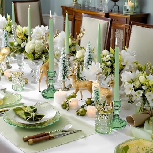 Green Glass Candlestick Holders, Taper Candle Holders, Set of 6