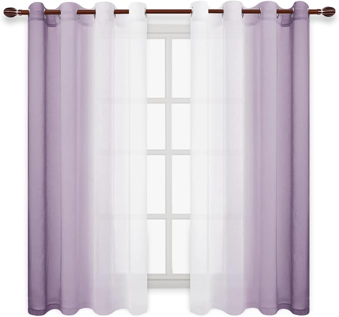 DWCN Lavender Faux Linen Ombre Sheer Curtains - 63 inches Long Gradient Semi Voile Curtains for Bedroom and Living Room, Set of 2 Grommet Top Window Curtain Panels, W52 x L63 Inches, Lavender