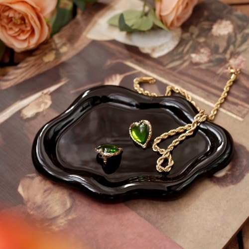 Jewelry Dish Trinket Tray for Women, Ring Dish Holder, Unique Cloud Shape Ceramic Plate Cute Things Vanity Aesthetic Room Decor Mother's Day Birthday (Balck)