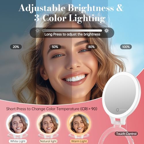 FASCINATE Rechargeable Travel Makeup Mirror 30X Magnification, 6.5" Lighted Portable Vanity Mirror with 3 Colors Lighting & Stepless Dimming, Double Sided LED Mirror, Gift for Women (White)