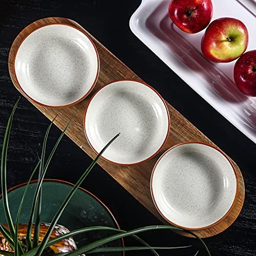 Artena 6oz Turquoise Solid Ceramic Chips and Dip Serving Platter with Acacia Wooden Tray, 4.5inch Glazing Small Serving Bowls/Dipping Dishes for Condiments,Side Dishes, Dipping, Pre, Dessert, Salsa