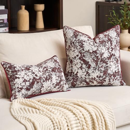 Alerfa Burgundy Neutral Floral Pillow Cover 12 x 20 Inch, Vintage Chenille Rectangle Couch Pillow Cover Soft Decorative Farmhouse Accent Pillowcase for Living Room Bedroom