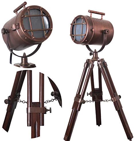 collectiblesBuy Antique Vintage Desktop Searchlight Adjustable Wooden Tripod Lamps LED Tabletop Copper Finish Spotlights Home Decor