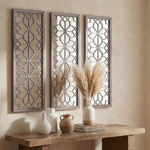 Set of 2 16x41.5 Inch Large Carved Floral Wood Frame Wall Mirrors, Shatterproof Boho Farmhouse Rustic Accent Mirrors for Living Room, Bedroom, Bathroom, Entryway & Home Wall Decor （Brown）