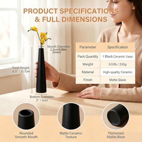Small Ceramic Bud Vase 8.5 inch Tall Conic Flower Single Stem Vase Black Vase Decorative Floral Centerpiece for Wedding Office Home