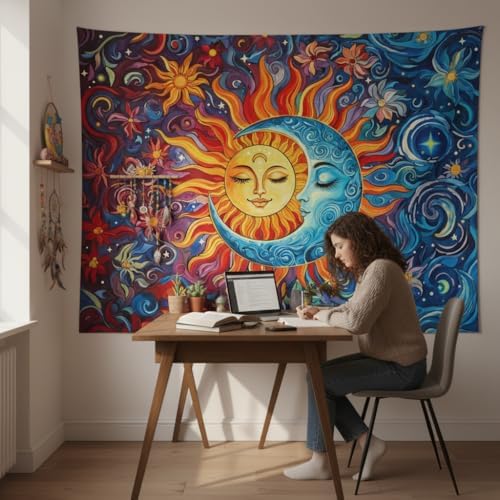 Accnicc Sun and Moon Tapestry Boho Hippie Orange Red Blue Floral Tapestry for Bedroom Aesthetic Abstract Plant Flowers Stars Small Tapestries Wall Hanging for Living Room Dorm 48 x 36 Inch