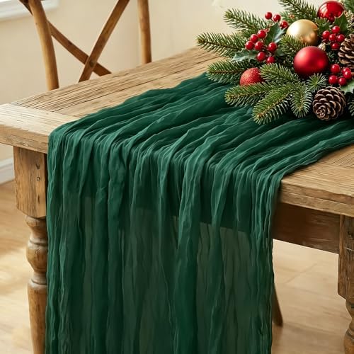 6Pcs Christmas Table Runner, 10FT Cheesecloth Emerald Green Table Runners 35*120inch Rustic Vintage Table Runner for Christmas Indoor Home Kitchen Table Party Decorations