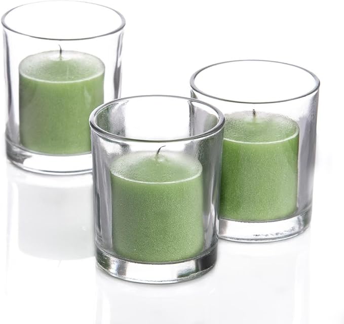 Set of 72 Richland Votive Candles Green Unscented and 72 Clear Glass Eastland Votive Holders