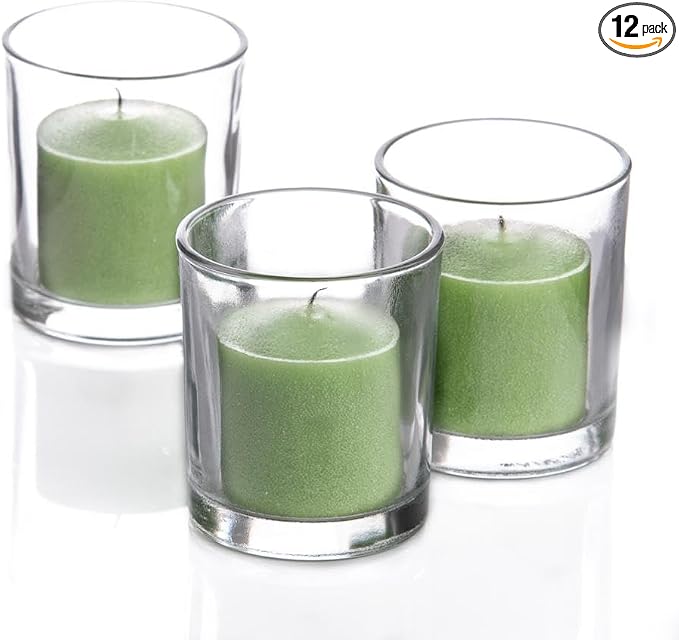 Set of 12 Richland Votive Candles Green Unscented and 12 Clear Glass Eastland Votive Holders