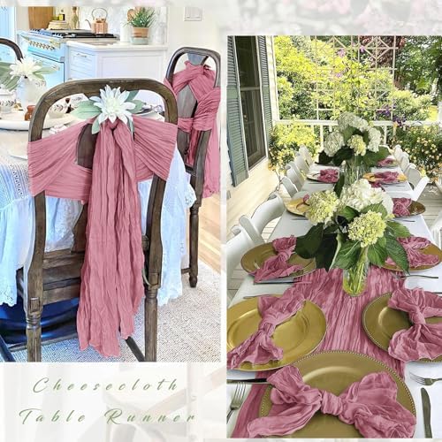 12 Pack Dusty Rose Cheesecloth Table Runner 17 x 108 Inch Gauze Table Runner Fabric Semi Sheer Cheese Cloth Table Decor Bulk for Rustic Romantic Wedding Baby Shower Table Decoration