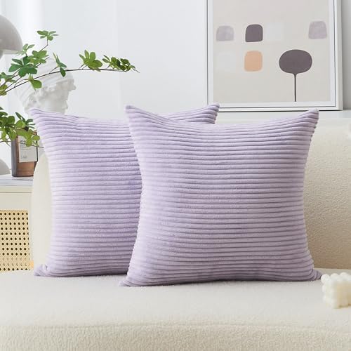 Home Brilliant Purple Throw Pillow Covers 24x24 Set of 2 Decorative Pillow Covers for Couch Striped Velvet Corduroy Accent Pillow Cover for Couch Chair, 24 x 24 Inch, Lavender