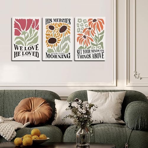 Framed Christian Bible Scripture Wall Art Set of 3 16x24 Inch | Flower Marke Pictures Decor Inspirational Paintings Religious Verses Canvas Prints, Artwork for Christian Women & Teen Girls