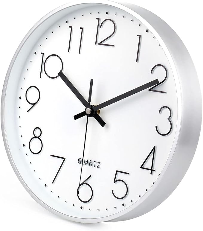 jomparis 10 Inch Silver Wall Clock Battery Operated Silent & Non-Ticking Wall Clock for Home Office Bathroom