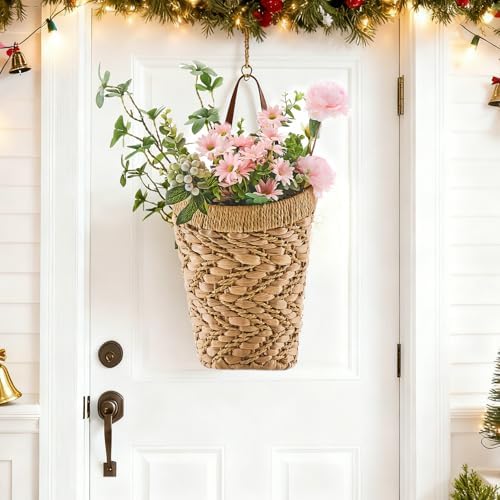 Handwoven Water Hyacinth Boho Front Door Basket for Flower Plants