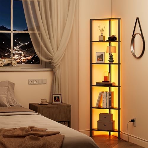 TUTOTAK Corner Shelf with LED Light, 6-Tier Corner Bookshelf