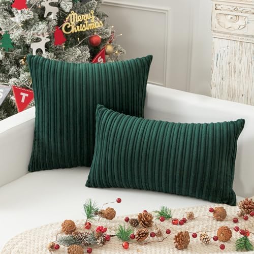 Kevin Textile Striped Corduroy 22”x22” Pillow Covers 2 Pack, Dark Green