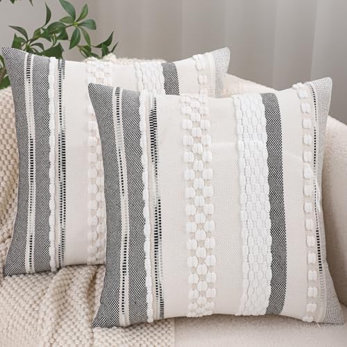 Boho Throw Pillow Covers 18x18 inch Set of 2 White