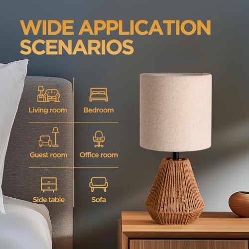 Boho Table Lamp with Linen Drum Shade, 14.17” Bedside Lamp with E26 Rattan Base for Living Room, Bedroom, Office – Natural Woven Style Accent Light, Bulb Not Included