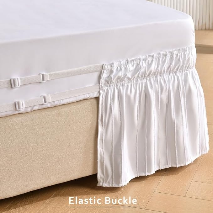 MIYE Wrap Around Ruffled Lace Bed Skirt, Elastic Dust Ruffle with Adjustable Belts, Easy to Put On, Bed Frame Cover, Machine Washable (Striped/White, Full/Twin-15 Drop)