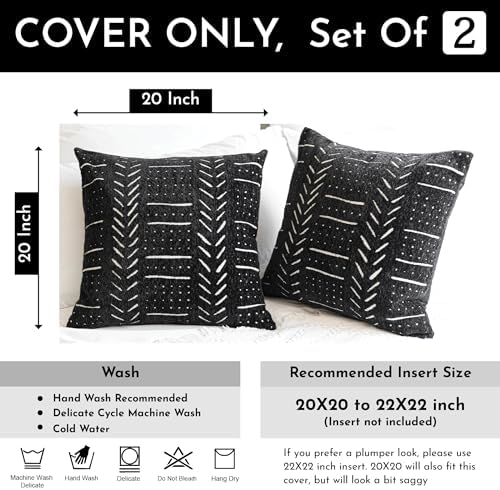 BlissBlush Black Decorative Throw Pillow Covers 20X20, Set of 2, Boho Farmhouse Cushion Cover, Cozy Soft Accent Pillowcase for Couch Sofa Bed Living Room Home Décor