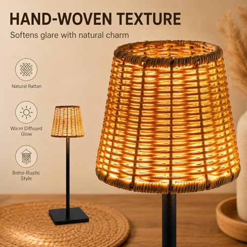4 Pack Wicker Table Lamp, Rechargeable Small Boho Rattan Lamp