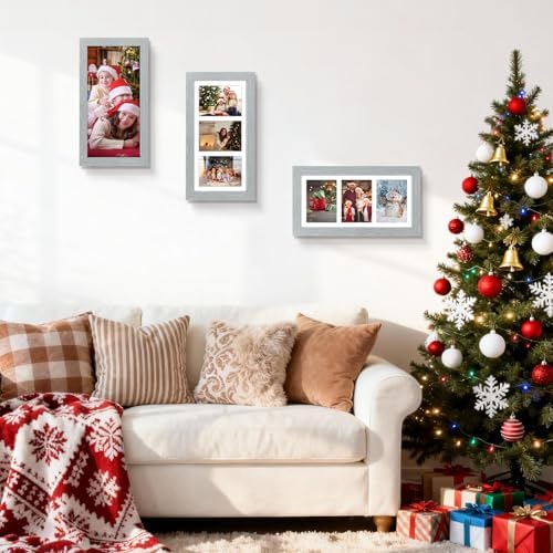 Golden State Art Collage Picture Frame 7x14 Matted 3 4x6 Photos Wood Grey