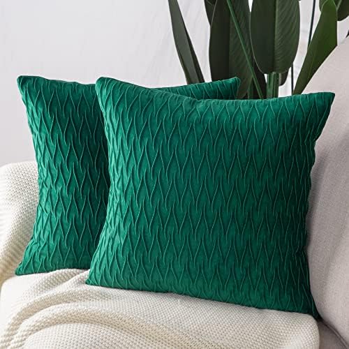 MADIZZ Set of 2 Super Soft Velvet Decorative Throw Pillow Covers 18x18 inch Green Square with Texture Luxury Style Cushion Case Pillow Shell for Sofa Bedroom