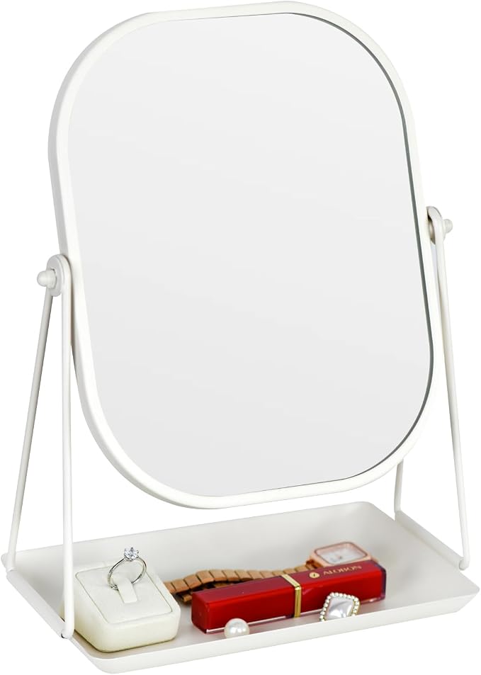 Tstarer Rotating Metal Makeup Mirror with Storage(White) | Vanity Mirror for Desk, Bathroom, Bedroom, Dressing Table