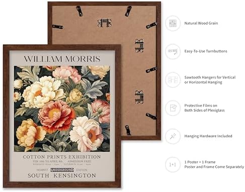 Poster Master William Morris Poster - Peony Print - Botanical Art - Flower Art - Exhibition Artwork - Animal Creation - Floral Piece - Aesthetic Illustration - Colorful Office or Bedroom Decor - 8x10 Brown Framed