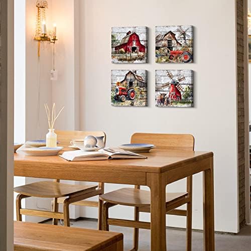Rustic Farmhouse Wall Art Country Landscape Painting Barn Windmill Truck Canvas Prints Farm Animal Cow Horse Posters Watercolor Red Rural Artwork for Dining Room Bedroom Home Decoration 14x14”4Pcs