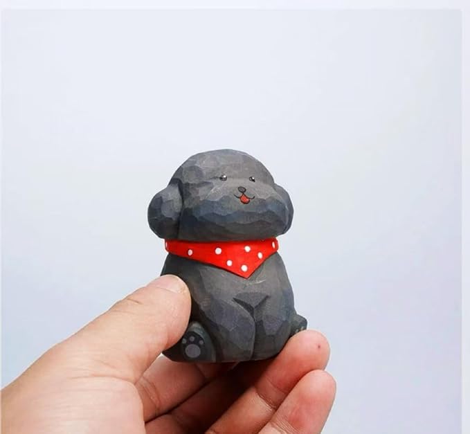 Hand-Carved Wooden Gray Teddy Dog Figurine, 2.7" Gray Puppy Statue with Base for Car Dashboard, Desk & Home Decor, Gift for Dog Lovers