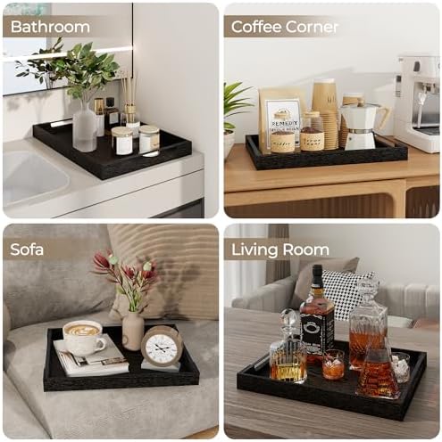 Axeman Wooden Serving Tray with Metal Handles|Ottoman Tray for Breakfast, Bed, Couch|17x13in Ash Wood Coffee Table Trays|Food Drinks Decorative Storage Boards for Ottoman Kitchen, Black