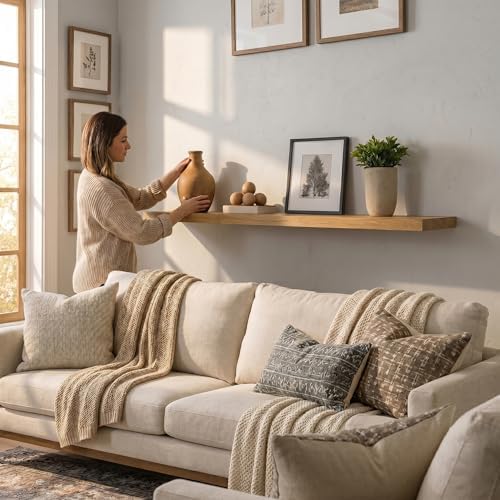 joelsantiques 54 inch Wooden Floating Shelves for Wall - 54x6x2 in, High End Solid Natural Wood, Heavy Duty Bracket, Wall Mounted for Bathroom, Living Room, Bedroom, Office Floating Storage - Beige