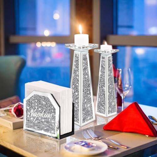 Wocred Mirror Napkin Holder,Crystal Crushed Diamond Vertical Holder,Cute Tissue Holder Holds Napkins Upright for Bathroom，Dining Table，Kitchen Table.(5.9”X5.9”X3”)