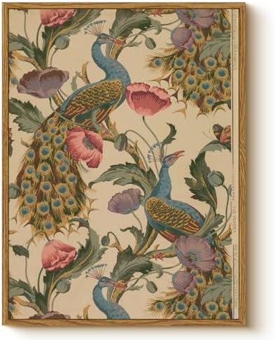 WHASAYART Vintage Peacock Floral Wall Art Framed Canvas Wall Decor 12x16in | Classic Retro Flowers Botanical Bird Painting Print, Boho Nature-Inspired Decor, Abstract Animal Artwork for Bedroom Bathroom