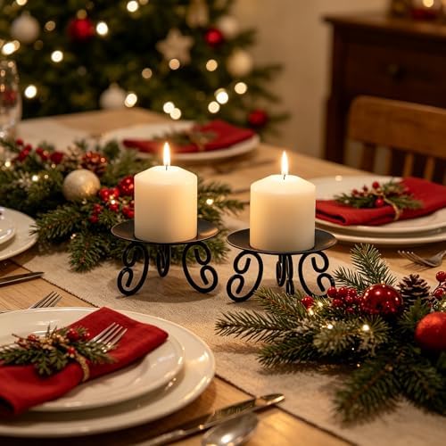 Hosley Set of 2 Black Iron Pillar Candle Holders - 5 Inch Heavy Duty Round Plate Stand with Scroll Feet for LED or Wax Candles - Rustic Farmhouse Table Centerpiece Decor for Wedding, Spa, Home Altar
