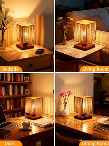 Handmade Small Rattan Lamp for Bedroom,Boho LED Table Lamp for Living Room