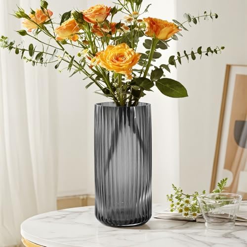 Modern Grey Glass Vase-11 Inch Tall Ribbed Glass Cylinder Vases for Flowers, Bouquet, Desk, Dining Table, Shelf, Decorative Flower Vase for Centerpieces, Home Decor, Living Room, Wedding