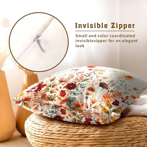 Fall Floral Throw Pillow Covers 18x18inch Set of 2 Autumn Flowers Harvest Pillowcase Wildflower Thanksgiving Farmhouse Seasonal Decorative Cushion Cases for Home Sofa Patio
