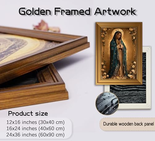 Vintage Gold Framed Virgin Mary Wall Art Lady of Guadalupe Portrait Canvas Prints Blessed Mother Catholic Picture Religious Beliefs Painting Poster Artwork for Living Room Church Prayer Room